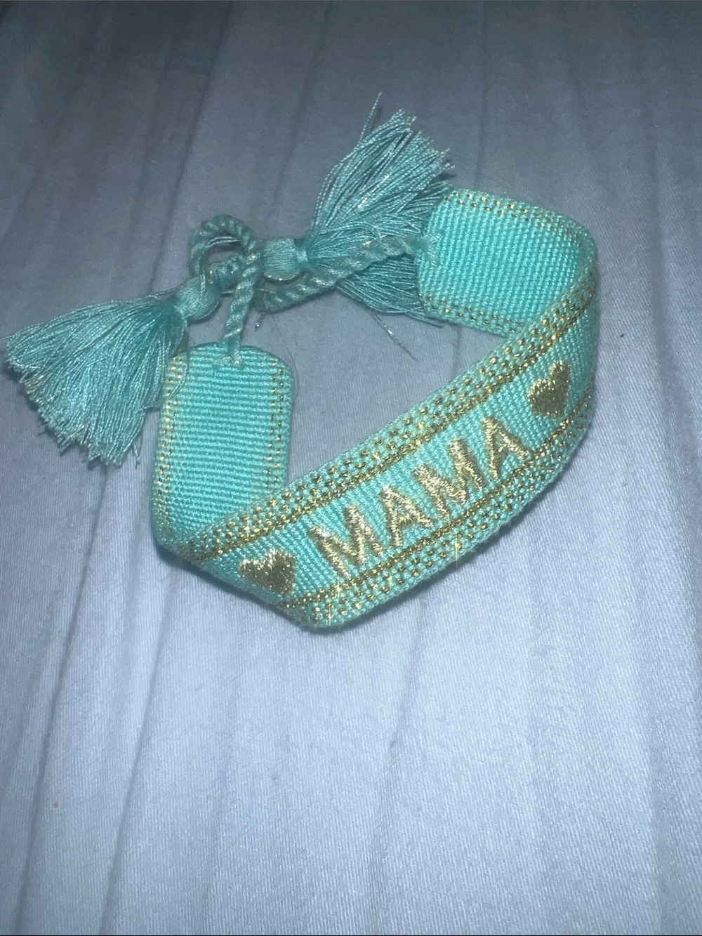 Turquoise 'MAMA' Embroidered Tassel Bracelet with Gold Accents